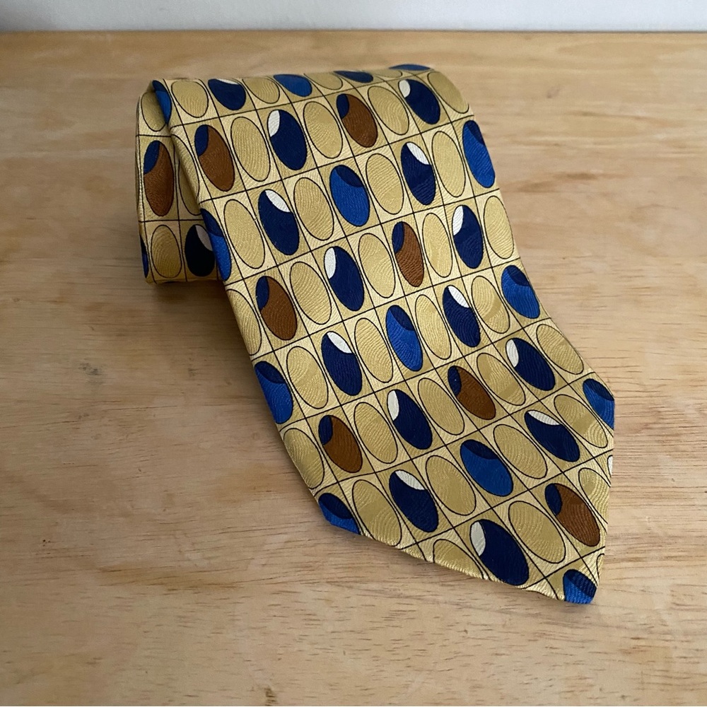 Jacobs Roberts Silk Tie with Repeating Oval Pattern in Gold, Blue & Brown Shades